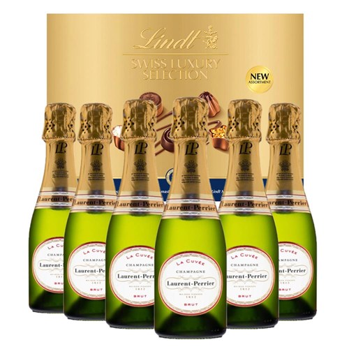 Mini Laurent Perrier La Cuvee Champagne 20cl Case of 6 with Lindt Swiss Tradition Chocolates 193g